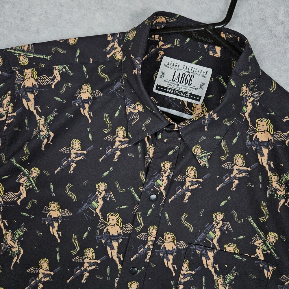 Savage Tacticians (Men's Large) Black Button Up Tactical Angel Gun Graphic Shirt